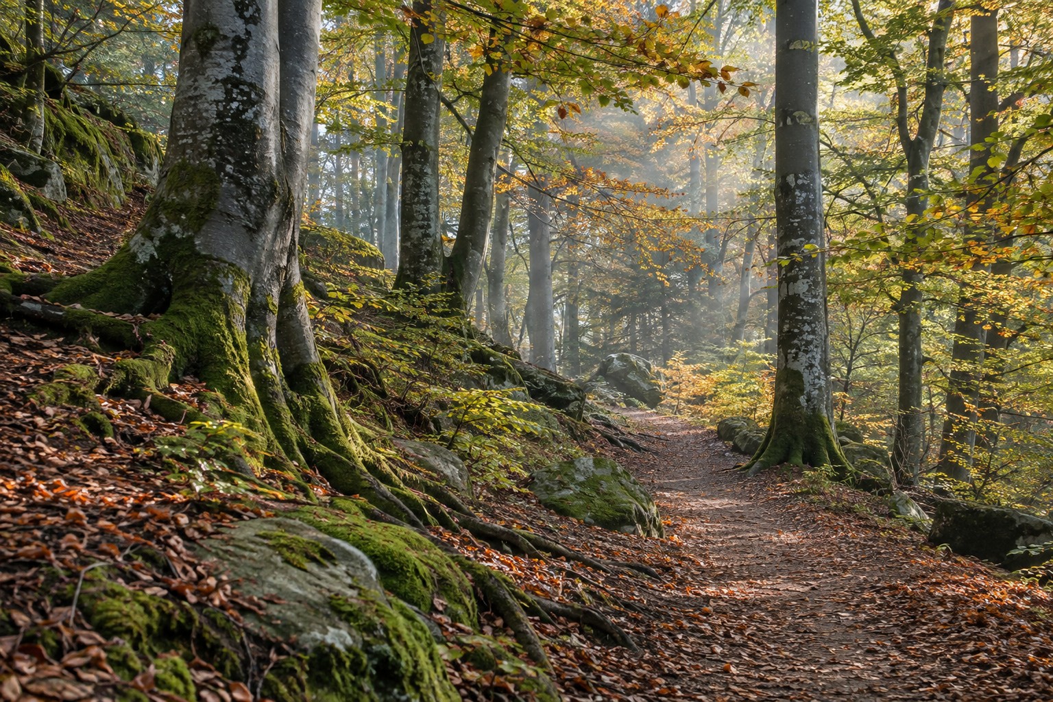 A winding path through a sunlit woodland.