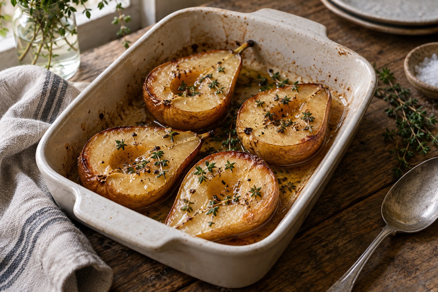Roasted pear halves in a ceramic baking dish.