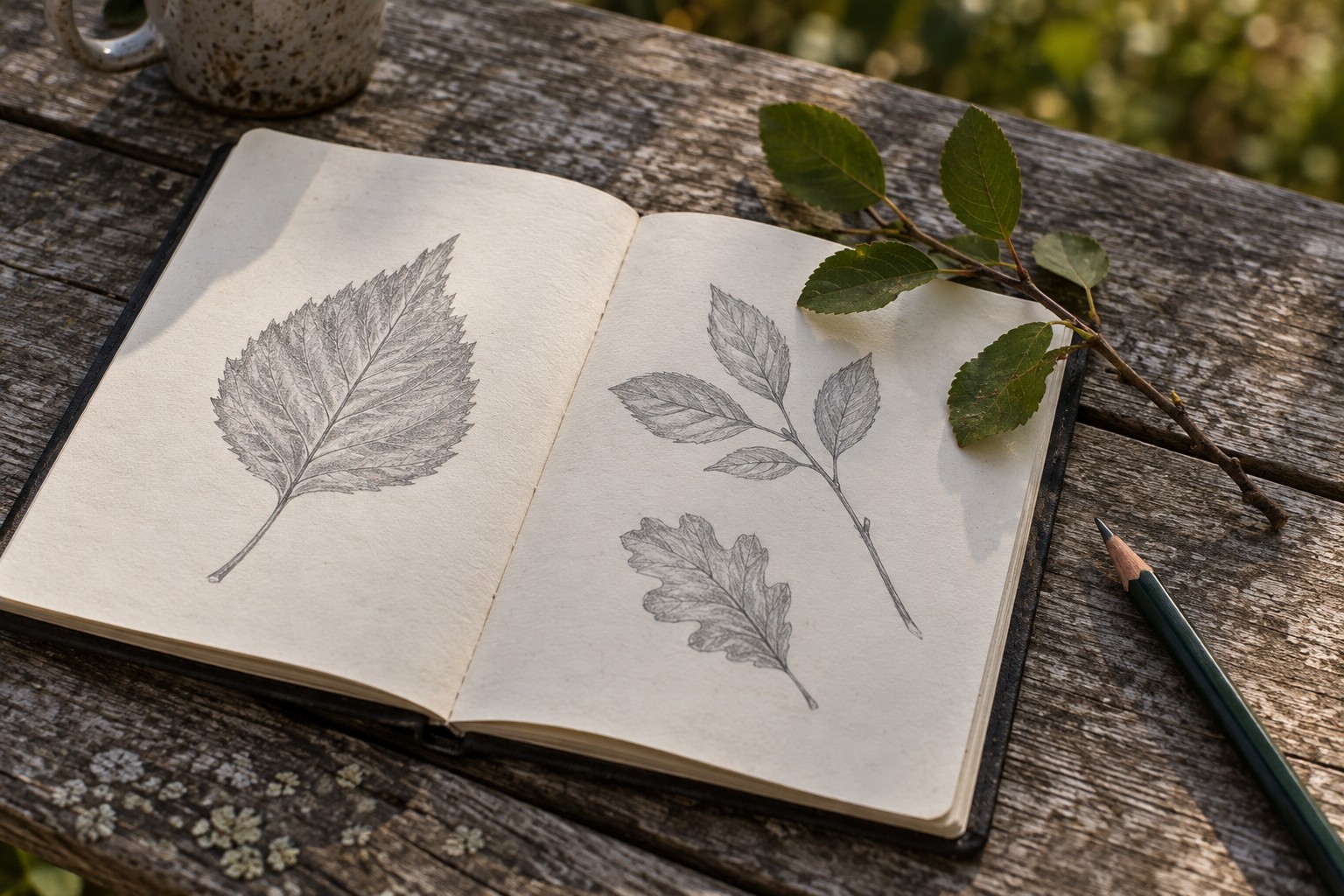 Leaf drawings in an open sketchbook beside a pencil.