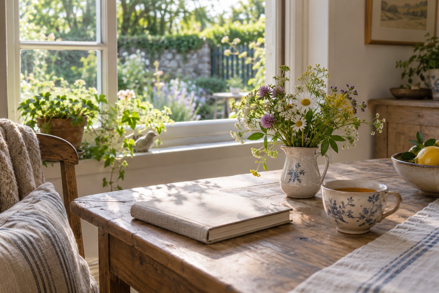 A notebook, flowers and cup beside a garden window.