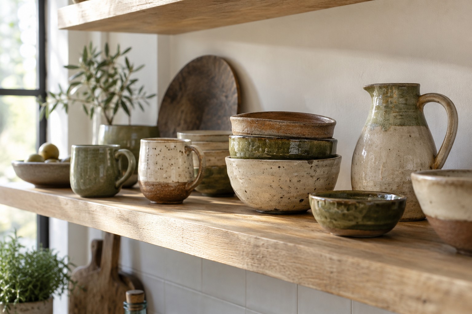 Handmade ceramic mugs, bowls and a pitcher on an oak shelf.