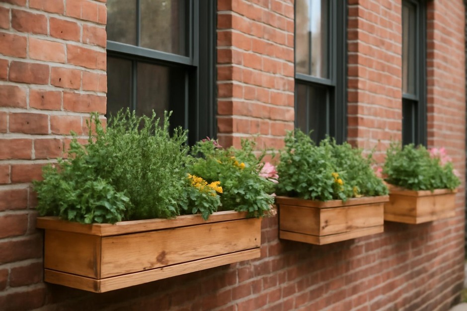 A row of wooden window boxes filled with herbs and flowers on a brick building